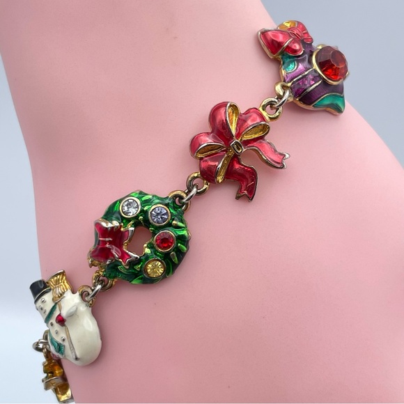 Christopher Radko Jewelry - Christopher Radko Enamel Christmas Charm Bracelet Snowman Wreath 7.5”